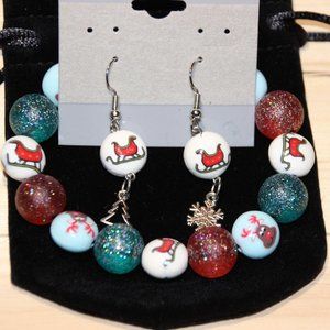 Christmas Rudolph the reindeer and Santa sleigh bracelet and earrings set